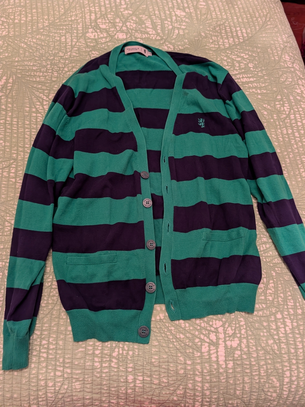 Pringle Of Scotland Striped Green & Navy Button Cardigan Sweater